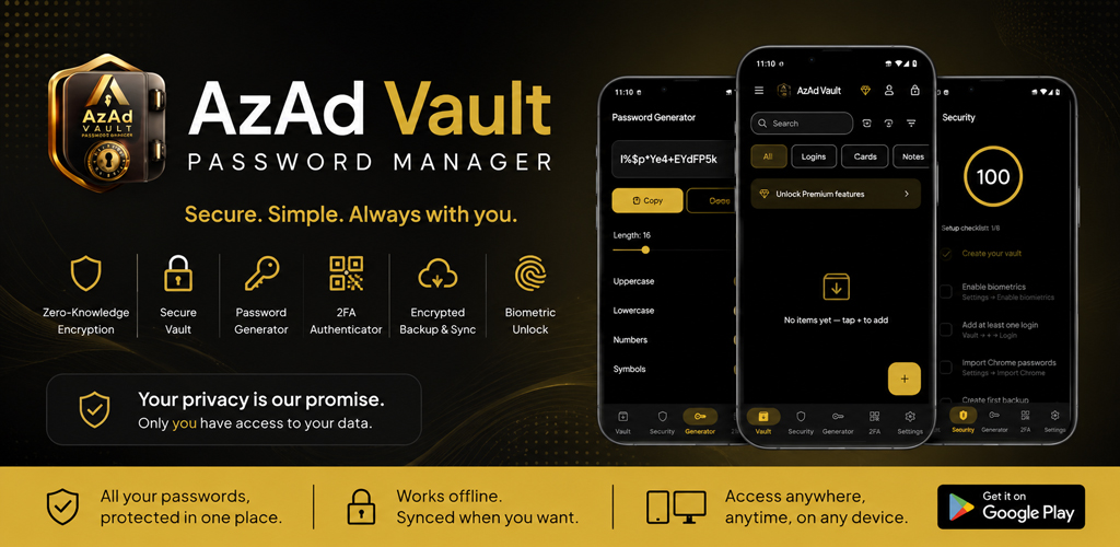 AzAd Vault password manager — secure vault, TOTP, backup and sync