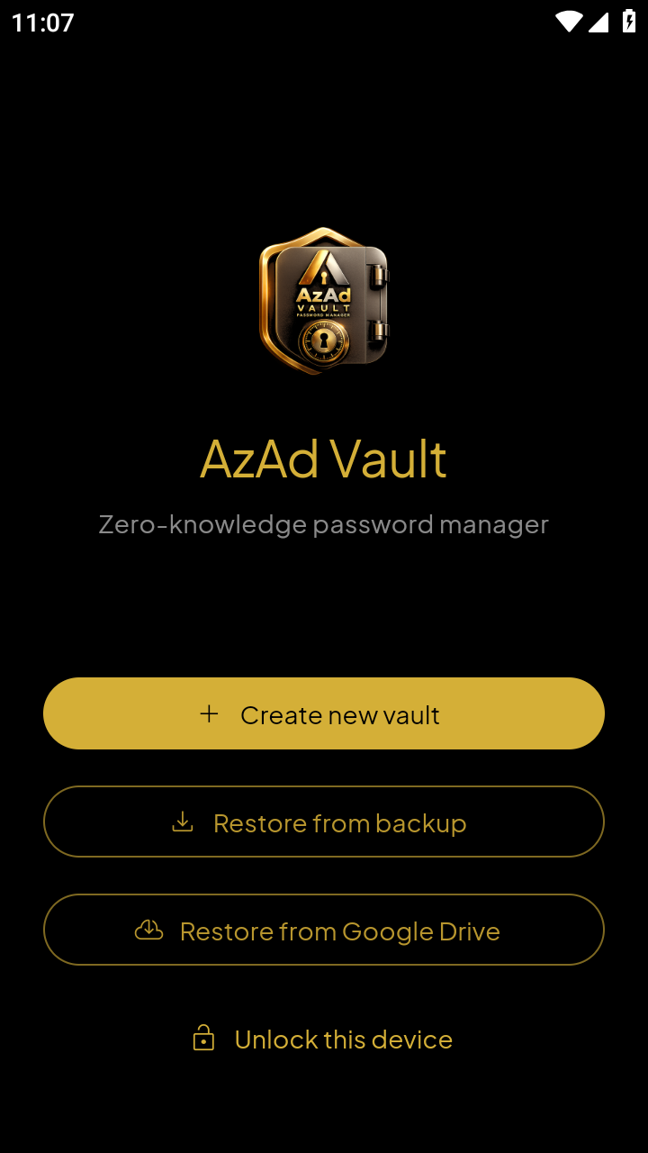 Welcome screen — create or restore your vault