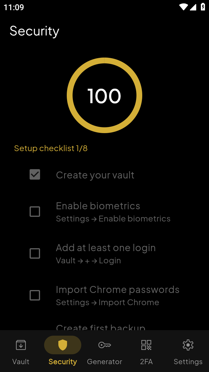 Security audit dashboard with score