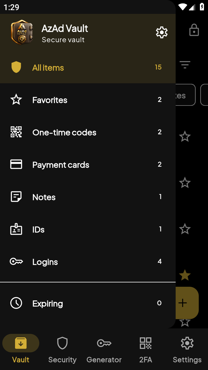 Vault drawer with categories and item counts