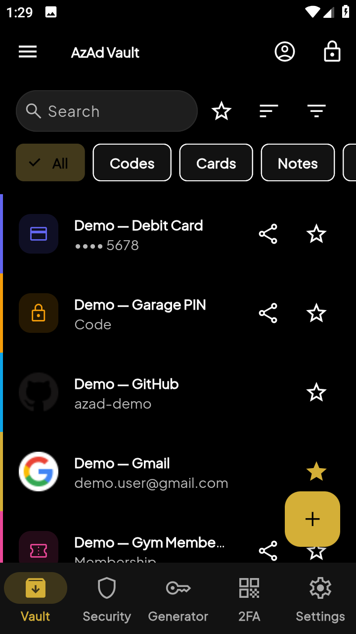 Vault home with search and filters