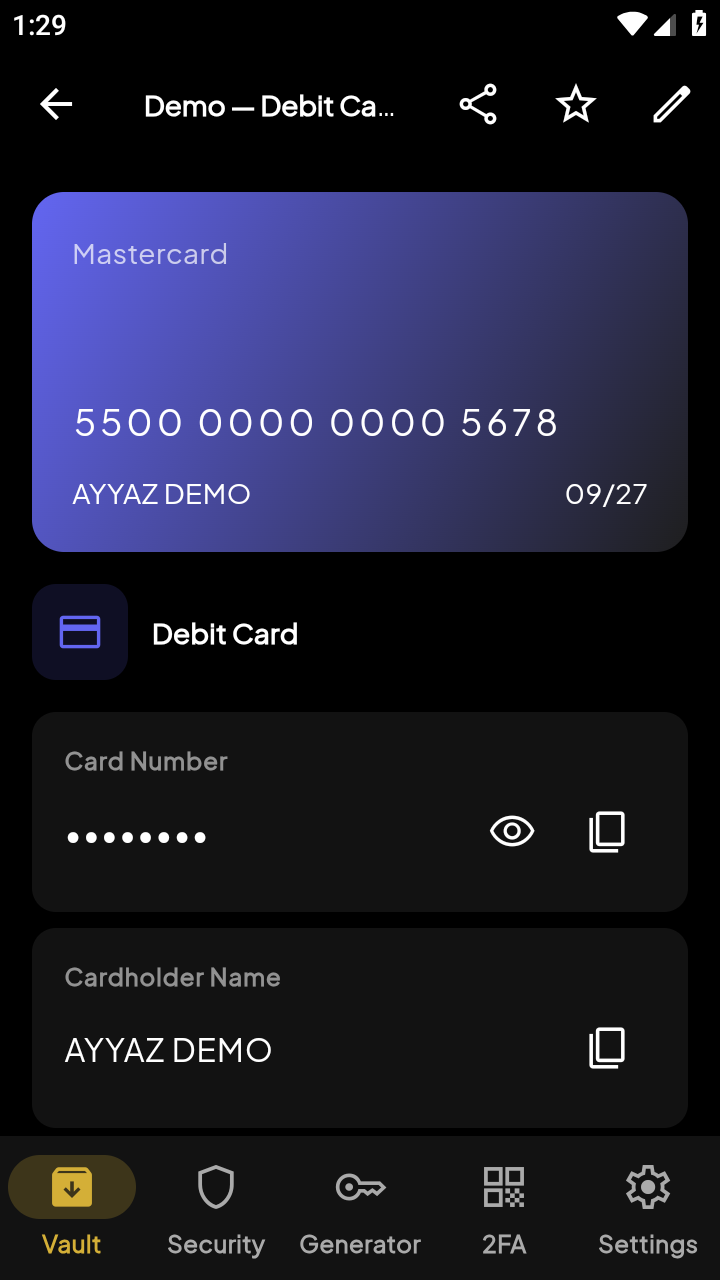 Debit card item with secure fields