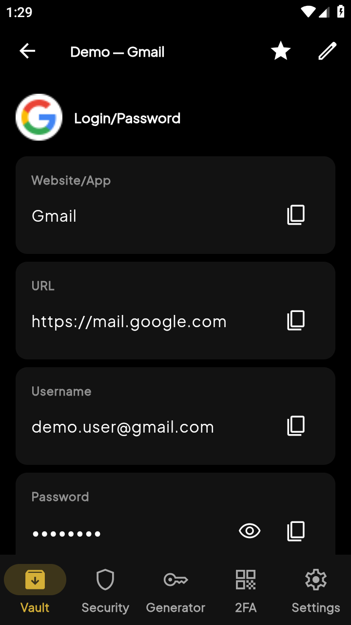 Login detail with copy and reveal