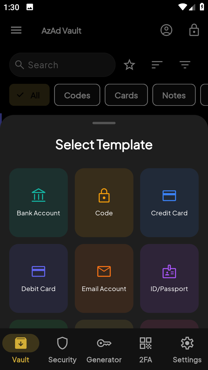 Template picker with 12 plus types