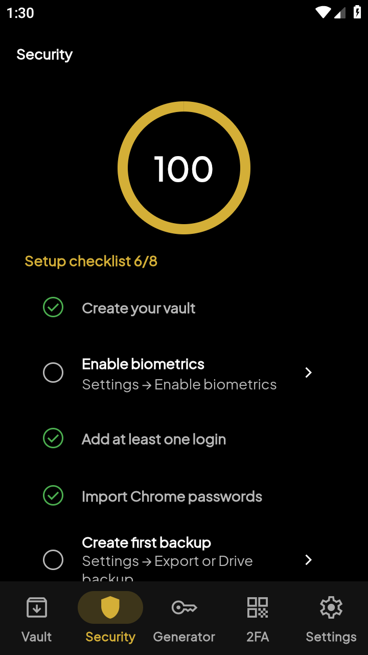 Security audit dashboard score 100