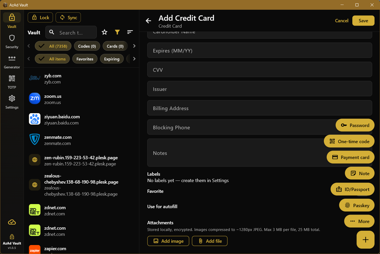 Vault list — master-detail layout