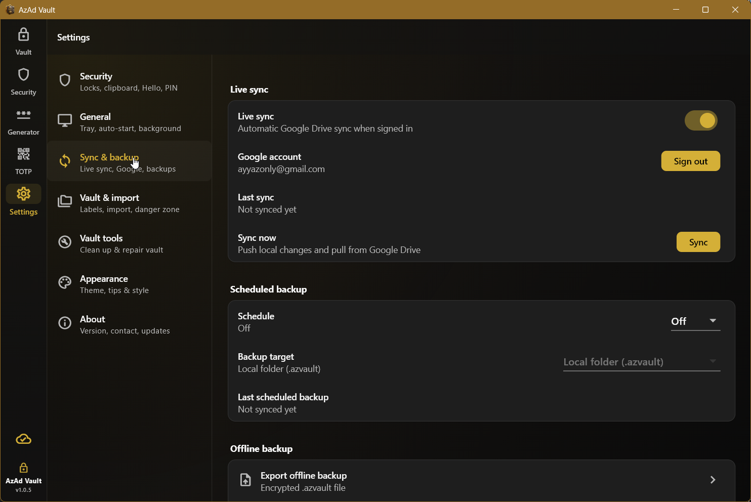 Sync and backup settings